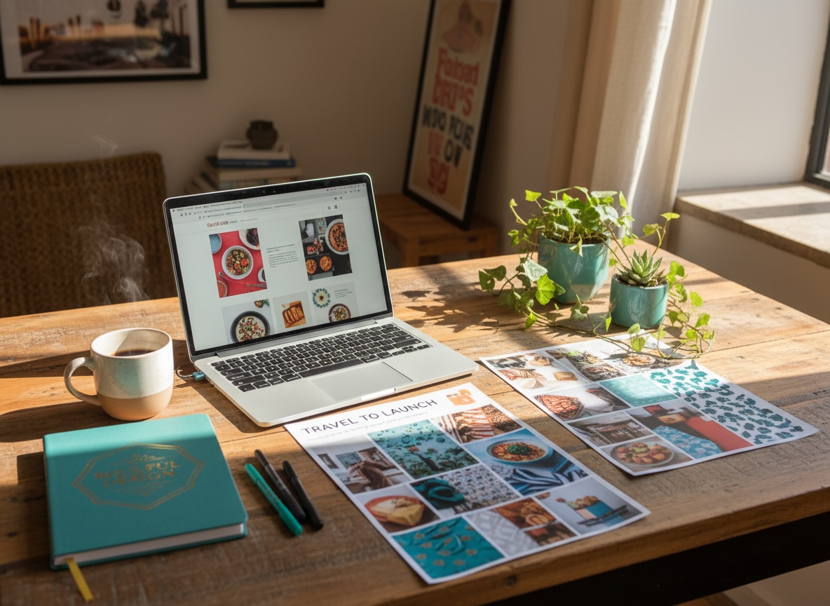 Hands on a laptop, teal notebook, coffee, sunlight across a work table with mood boards
